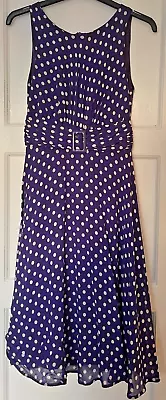 Wallis Petite Ladies Purple Polka Dot Dress Size 10 - Sleeveless Belt Detail VGC • £12.99