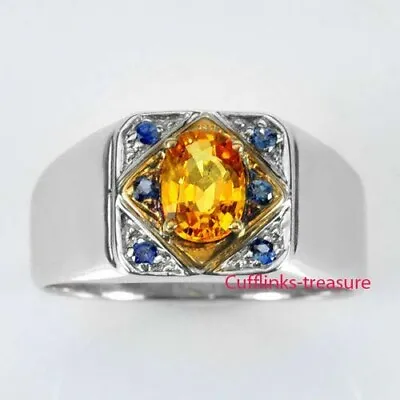 Natural Citrine & Sapphire Gemstones With 925 Sterling Silver Ring  For Men's #5 • $85