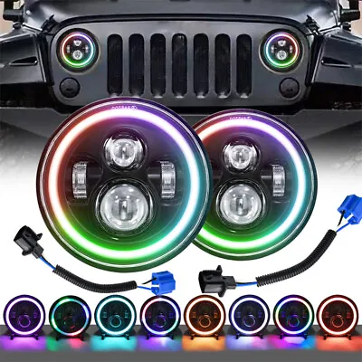 Pair RGB 7 Inch Halo LED Headlights DRL Lights Combo For Jeep Wrangler JK TJ LJ • $46.98