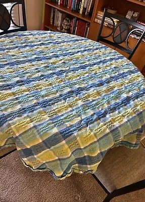 60  Round Tablecloth Lightweight Textured Plaid Cotton Blue Green Yellow White • $12