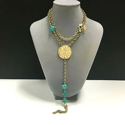 New CHICO'S Lariat Coin Tassel Necklace Turquoise Beads FLOWER Dragonfly R149o • $24.99