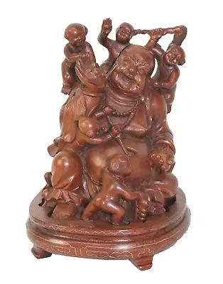 Vintage Carved Wood Laughing Buddha Statue With Five Children On Stand • £137.77