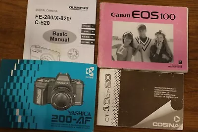 4 SLR CAMERAS Manuals Yashica 200Cosina CT-10 Canon EOS 100 & Olympus FE-280 • £2.99