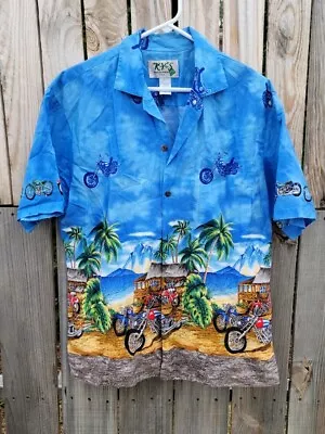 Ky's Shirt Adult L Blue Hawaiian Motorcycle Button Up Made In Hawaii Mens • $19.99