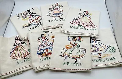 7 Vintage Hand Embroidered Days Of Week Chores Tea Towels • $49.95
