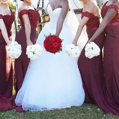 Women Fashion A Line V Neck Burgundy Bridesmaid Dresses Long Formal Gowns Beaded • £44.99