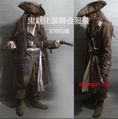 Pirates Of The Caribbean Jack Sparrow Cosplay Costume Outfits Halloween Full Set • £153.62