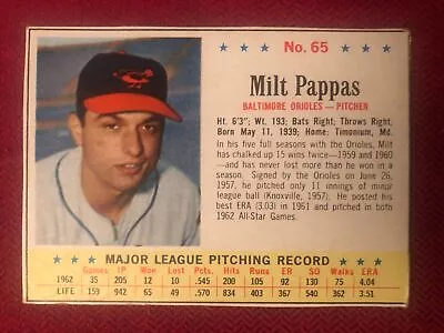 1963 Post Baseball #65 Milt Pappas Baltimore Orioles (Black Borders) • $3