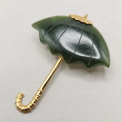 Vtg Nephrite Jade Umbrella Brooch Carved Pendant Pin Gold Tone Green Parasol • $22