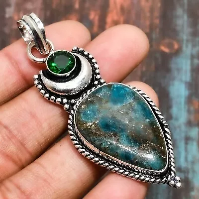 Neon Blue Apatite & Diopside Gemstone Handmade Jewelry Pendant 2.84  • $5.99