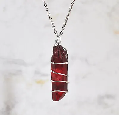 Raw Red Ruby Quartz Pendant Necklace Silver Spiral Wire Wrapped Crystal  Gift • £9.49