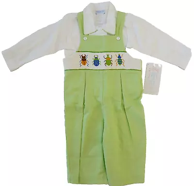 NWT Vive La Fete SMOCKED BUGS 2pc SET LS White Shirt+Green Gingham Longall 12 Mo • $29.95