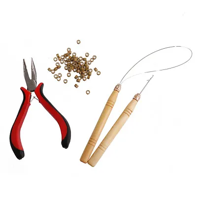 Hair Extension Pliers & Pulling Hook Needle Micro Rings Beads Loop Tool Kit • £8.03