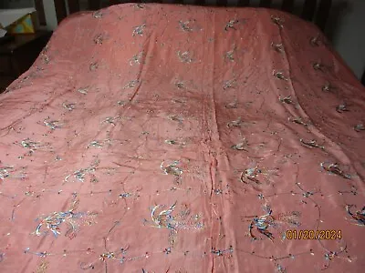 Pink Satin Bedspread Emp. Stylized Peacocks Chenille Edges • $135
