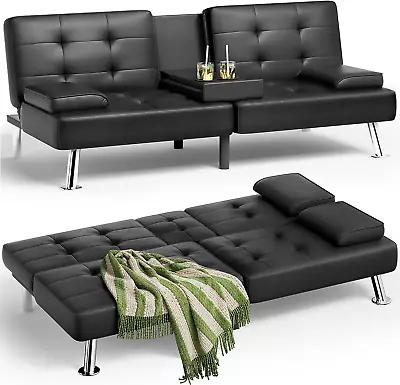 Faux Leather Upholstered Modern Convertible Folding Futon Sofa Bed With Removabl • $182.19