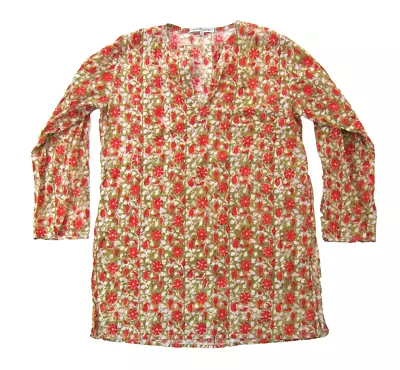 Barbara Gerwit 100% Cotton Pink Brown Floral Long Sleeve V-Neck Tunic Blouse XL • $22.49