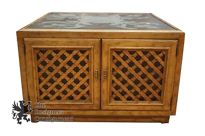 Vintage Drexel Oak Drum Table Cabinet Lattice Work Casters Slate Top Cocktail • $339.99