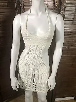 Vintage Small White Crochet Dress Festival Burning Man Yarn Knit Small Retro • $39