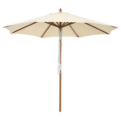 Outdoor Patio Umbrella Wooden Frame Pulley Market Umbrella Tilt Adjustment 2.7M • £59.95