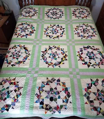$325 • Buy VTG Hand Sewn Lone Star Scrappy Quilt 90  X 68  Pink Green Trim