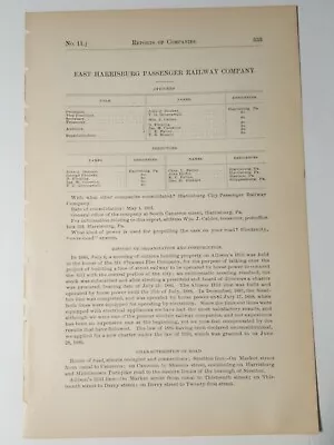 1891 Railroad Document EAST HARRISBURG RAILWAY Electric Trolley PA  Streetcar  • £9.65