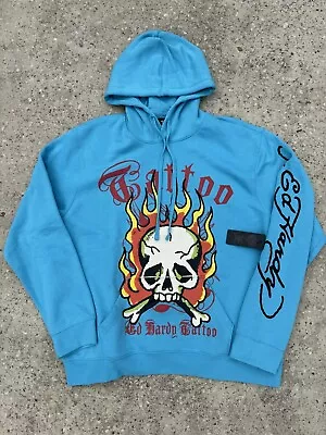 Ed Hardy Pullover Sweatshirt Hoodie Baby Blue Skull Flames Tattoo Men Size XL • $44.99