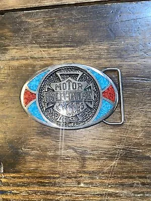 Vintage Rare Harley Davidson Vintage Belt Buckle Chrome Turquoise & Coral Inlay • $199