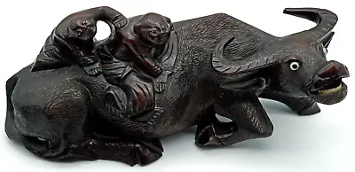 Antique Chinese Wooden Sculpture Figurine Boys On A Water Buffalo W/ Glass Eyes • $39.99