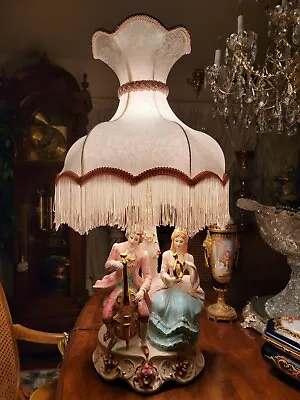 BEAUTIFUL Vintage HUGE 2 Figurine HP Lamp FAB Shade/Fringe CAPODIMONTE Italy!   • $1135