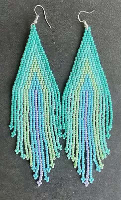 Boho Native Style Turquoise Seed Bead Beaded Earrings Fringe Tassel Long • $14.99