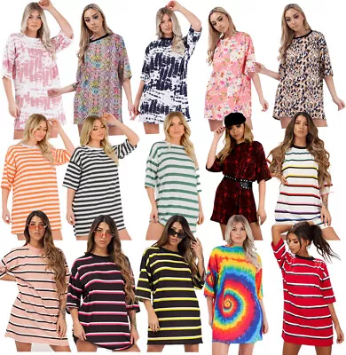 New Ladies Printed Baggy Oversized Jersey T-Shirt Dress Tunic Longline Top • £4.99