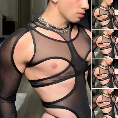 Fashion Mens Sexy See Through Mesh Vest Bodysuits Leotards Jumpsuits Underwear • $16.01