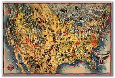 HUGE Birds Eye View Art MAP Of The USA & Mexico By Miguel Covarrubias Circa 1942 • $24.97