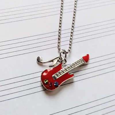 New Red Enamel Guitar Music Themed Charm Pendant Necklace Silver Tone Metal • £4.99