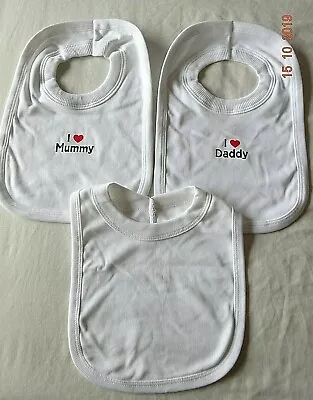 CUTE Cotton I Love My DADDY/MUMMY Baby Bib Feeding Pullover/Popover Plain White • £1.60