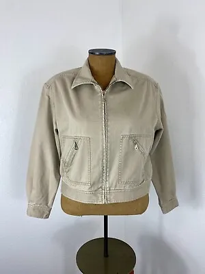 Vintage Liz Claiborne Twill Line Jacket PS Boxy Crop Tan Patch Pockets Distress • $42.99