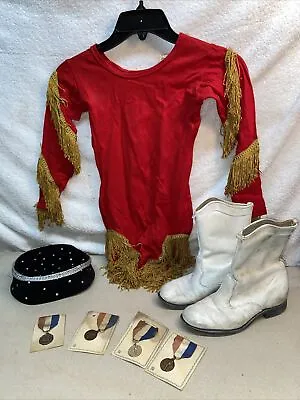 Vtg 60’s RED GOLD FRINGE Danskin MAJORETTE Costume Boots Hat METALS CHILD’S 8-10 • $53.99