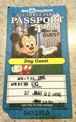 Vtg.1989 Walt Disney World 4-Day Passport  Day Guest  Ticket Stub-ALL DAYS USED • $10