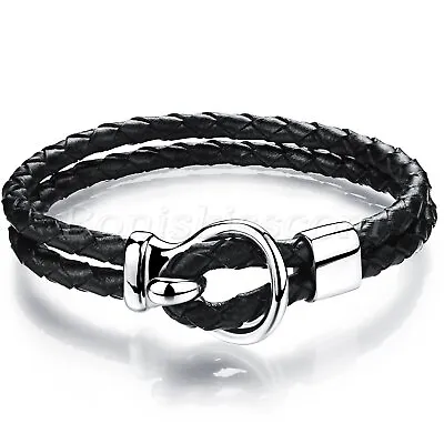 Men's Fashion Double Layer Braided Leather Stainless Steel Bracelet Wristband • $10.99