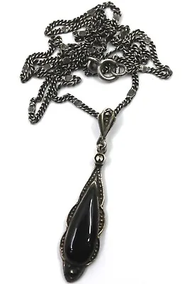 Sterling Silver Black Onyx & Marcasite Drop Pendant Necklace 18 In • $24.99