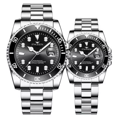 FNGEEN Men And Women Couple Set Silver DATE Stainless Steal Strap Wrist Watch • $30.82