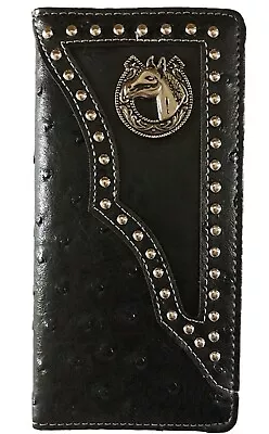 Horse Mens Wallet Western Bifold Check Book Style W011-15 Ostrich Black  • $13.99