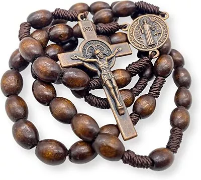 St Benedict Wood Rosary Cord Beaded Chaplet Wood Beads Saint Medal & Cross  • $14.18