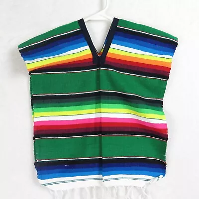 Child Sz Mexican Serape Poncho Green Striped Cotton Traditional Small Size • $11.25