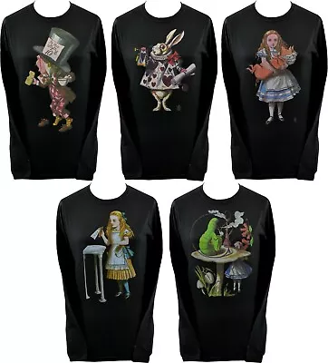 Alice's Adventures In Wonderland Womens Long Sleeve Top Mad Hatter White Rabbit • £19.95