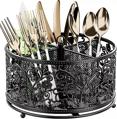 360° Rotating Utensil Caddy Silverware Cutlery Metal Flatware Organizer Black • $29.18