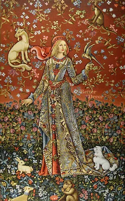 WALL JACQ. WOVEN MEDIEVAL TAPESTRY The Lady With Bird ANTIQUE MILLEFLEUR UNICORN • $71.99