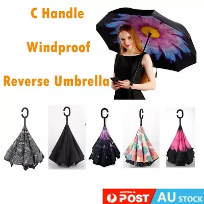 $15.35 • Buy Windproof Upside Down Reverse Umbrella Double Layer Inside-Out Inverted C-Handle