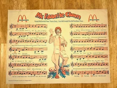 1974 McDonald's Mc Favorite Clown SONG Tray Liner Placemat • $20