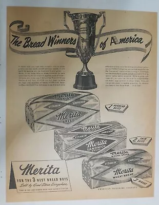 Merita Bread Ad: Bread Winners Of America ! From 1940's Size: 14 X 18 Inches • $25